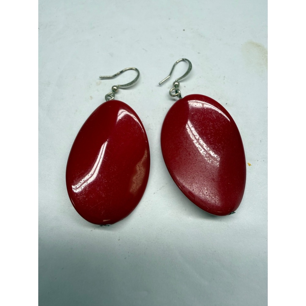 Large Red Oval Drop Earrings Silver Tone Fishhook Bold Statement Dangle Jewelry